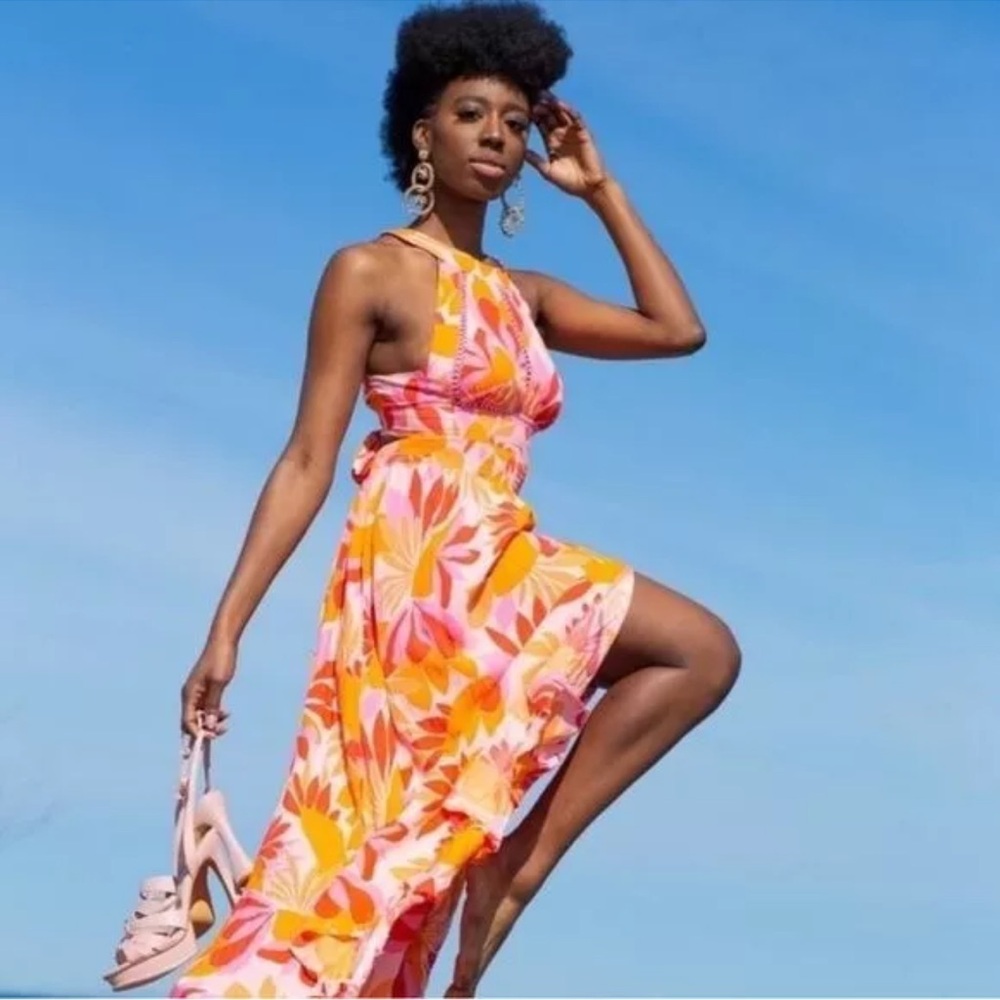 NWT Abel the Label Rumi tropical halter orange pink  smocked maxi M rayon dress
